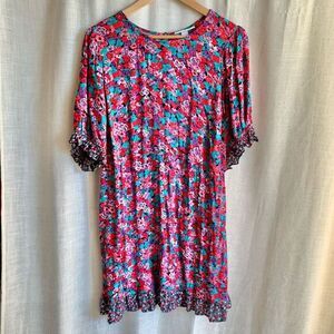 RIXO Womens Bold Floral Dress 16W 18W Short Sleeve Ruffle Hem Mini‎ Boho Party